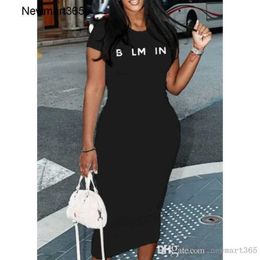 luxurious Designer Basic & Casual Dresses Summer New Fashion Letter Print Round Neck Short Sleeve Slim Fit Wrap Hip Dress American Womens Clothing XS to 2XL