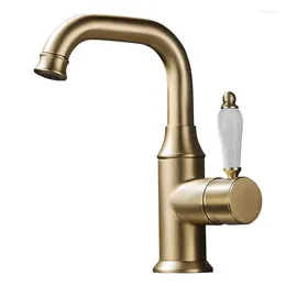 Bathroom Sink Faucets Brushed Gold Basin & Cold Brass Mixer Taps Deck Mounted Rotatable Ceramic Handle