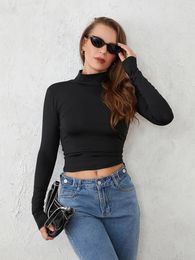 Women's T Shirts Women Y2K Backless T-Shirt Basic Solid Colour Mock Neck Long Sleeve Shirt Spring Fall Casual Slim Fit Tops Streetwear