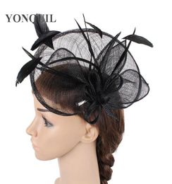 Women black or 17 colors fascinators 25cm large hat headwear wedding sinamay base hat feather adorn hair accessories suit all seas7341361