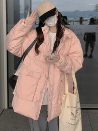 Women's Trench Coats Korean Pink Woman Thick Jacket Sweet Long Sleeve Loose Hoodie Windproof Padded Winter Casual Warm Female Midi-Clothing