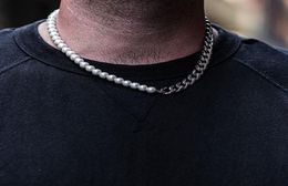 Plated Half 10mm miami cuban link chain and half 8mm pearls choker necklace for Men and Women in Stainless Steel9971635