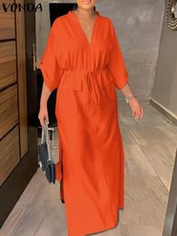 Plus Size 5XL VONDA Elegant Long Maxi Dress 2023 Women Elastic Waist Sleeve Solid Vestido Autumn V Neck Bandage Retro Robe 240202