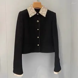 Women's Jackets 2024 Spring Autumn Korean Style Fashion Women High Quality Diamonds Collar Black Tweed Short Coat F207