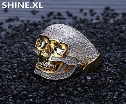 Hip Hop Ring Copper Gold Colour Plated Iced Out Micro Paved CZ Stone Skull Ring for Men Women2832223