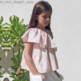 T-shirts Girls Cotton And Linen One Shoulder Top 2022 Summer New Children Casual Breathable Boho Beach T-shirts Young Girl Clothes TZ040 Q240218