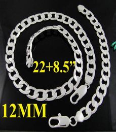 Fashion Men039s Jewellery set 925 Silver 12MM Curb Chain Flat Necklace Bracelet set 2285inch 10sets2858396