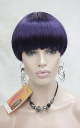 HIVISION fashion Purple Mix Black Bob Mushroom Style with Bangs Center Dot Skin Top Short woman039s everyday Straight wig9830076
