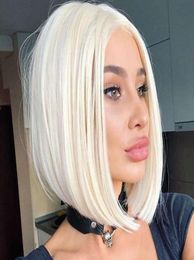 Fantastic Blonde White Wig Short bob Silky Straight Synthetic Fibre Wig Half Hand Tied Lace Front Wig For Women6081072