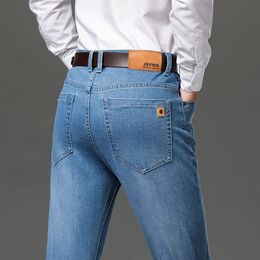 Autumn Winter Mens Light Blue Business Jeans Plus Size 42 44 Stretch Denim Straightleg Pants Male Brand Trousers 240125