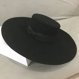 Retro Style Big Warm Wide Brim Wool Fedora Hat Black Felt Bow Flat Floppy Winter for Women Party Church Wedding 240130