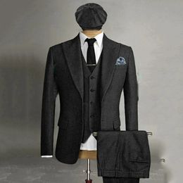 Herringbone Male Suits Lapel Two Button Slim Fit Winter Tweed Men Wedding Suit Business 3 Pieces Blazer Vest Pants 240201