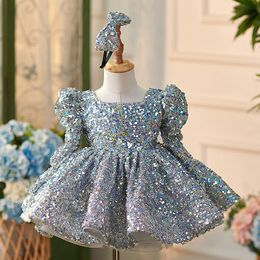 New Princess Sequined Flower Dresses Vintage Long Sleeve Sheer Crew Neck Appliques Ruched Tulle Cute Girl Formal Party Gowns Wears Toddler Pageant Gown 403