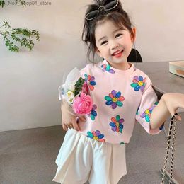 T-shirts 2-8T Cotton Flower Girls Kid Tshirt Toddler Summer Clothes Short Sleeve Top Infant Floral T Shirt Cute Sweet Children Tee Outfit Q240218