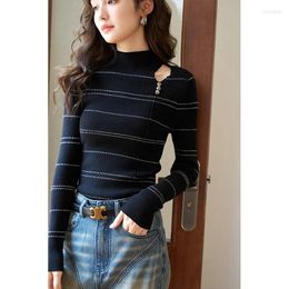 Women's Sweaters MISHOW Striped Long Sleeve Inner Top 2024 Autumn Mock Neck Knitted Bottoming Shirts Slim Hollow Out Design MXC44Z0126