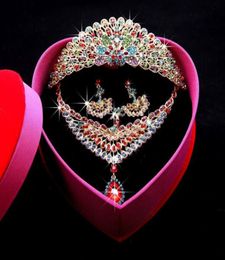 Red Color Necklace Earrings Crown Three Piece Jewelry Sets Rhinestone Tiara Wedding Accessories Parure JCE0539335346