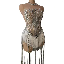 Stage Wear Long Tassel Latin Pole Dance Performance Costume Party Club Sexy Mesh See Through Ladies Clothes Fashion Sparkle Sequin Dress