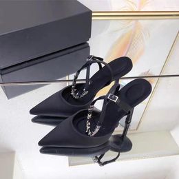 Sandals European And American Women's Letter Rhinestone Buckle Fine Heel Pointed High Silk Satin Fashion