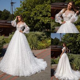 Sheer Gorgeous Dresses Jewel Neck Floral Appliqued Long Sleeves Wedding Dress Illusion Back Ruffle Sweep Train Robes De Mariee