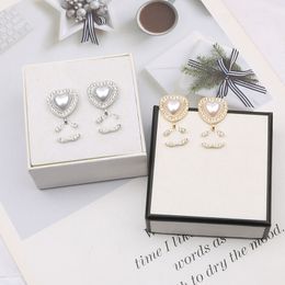 Cute Gold Plated Sier Brand Designers Letters Stud Metal Geometric Famous Women Round Crystal Rhinestone Pearl Earring Wedding Party Jewerlry