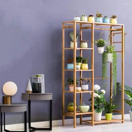 Hangers Bamboo Garment Rack 6 Tier Storage Shelves Clothes Hanging With Side Hooks Open Cabinet Wardrobe Bedroom Furniture