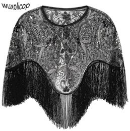 Women 1920s Flapper Embroidery Fringe Shawl Cover Up Gatsby Party Beaded Sequin Cape Vintage Mesh Scraf Wraps for Dresses4875959