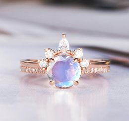Moonstone Engagement Ring Rose Gold 925 Silver Eternity Bridal Set Antique Curved Half Halo CZ Stone Band Wedding Jewelry6992691