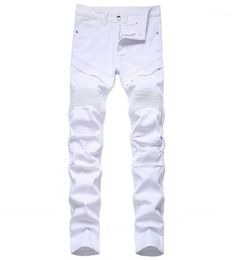 Men039s Jeans White Pleated Men Patchwork Moto Biker Style Casual Solid Colour Full Length Fashion Straight Denim Trousers17610552