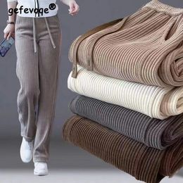 Autumn Winter Elastic Waist Loose Casual Wide Leg Corduroy Pants Female Add Velvet Fashion Allmatch Trousers Clothing 240201