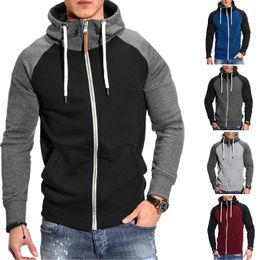 Mens Hoodies Autumn Winter Casual Long Sleeve Zip Up Men Sweatshirt Patchwork Hooded Sweatshirts Streetwear Hoody Cardigan 240123