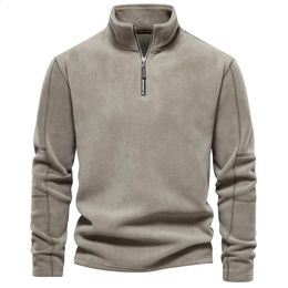 Autumn Winter Mens Polar Fleece Sweater Stand Neck Half Zip Tops Long Sleeve Sweatshirt Male Clothes 240123