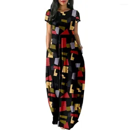 Party Dresses Collage Print Patchwork Women Casual Short Sleeve Dress Loose Long Double Pocket Beach Vacation Woman