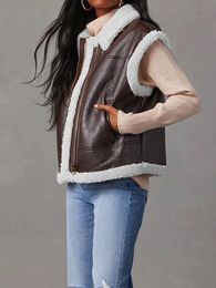 Women s Outerwear Vests Sherpa Fleece Jacket Cropped Vest Zip Up Faux Leather Sleeveless Winter Coat with Pockets 240202