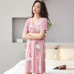 Women's Sleepwear Short Nightdress Summer Sleepshirts Style Young Sleeve Outwear Nightgowns Elegant Women Female Princess & Flower Modal