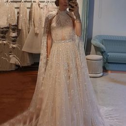 Serene Hill Dubai Arabic Luxury Nude A Line Beaded Evening Dresses With Cape Sleeves Gowns For Women Wedding Party LA71803 240202