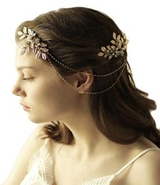 Boho Gold Crystal Tassel Metal Chain Layer Olive Leaf Headband Bride Wedding Hair Jewelry8930469