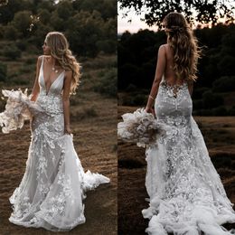 Straps Romantic Spaghetti Lace Bridal Gowns 3d-floral Appliques Mermaid Wedding Dress Backless Custom Made Bride Dresses Vestido De Novia es