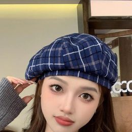 Berets Women Hat Sweat-absorbent Sboy Cap Stylish Women's Winter Beret Plaid Print Elastic Adjustable Soft Warm Dome Lady