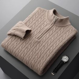 Autumn and winter 100% merino cashmere sweater mens padded twist top zipper collar bottoming shirt plus size knit pullover 240202