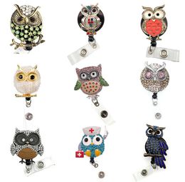 New Design 9 styles Rhinestone Animal Owl Shape ID Card Holder Retractable Nurse Badge Reel With Clip6037491