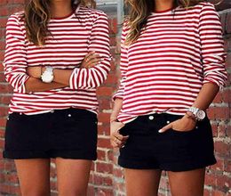 Women TShirt Casual Red White Striped Print Long Sleeve Loose Female Basic ONeck Tops Fashion Ladies Streetwear 2105226646675