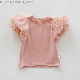 T-shirts Girls T-shirt Korean Polka Dot Bubble Sleeve Mesh Tops for Kids 2023 Summer Children Blouse Cotton Baby Tees Toddler Outfits Q240218