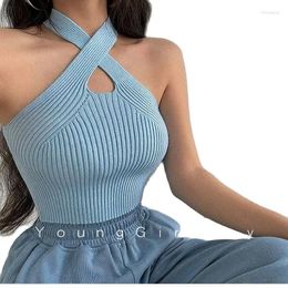 Women's Tanks Summer Spicy Girl Sexy Cross Neck Hollow Short Open Navel Knitted Tank Top