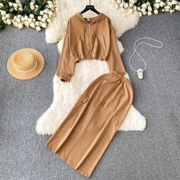 Work Dresses Minimalist Dress Sets Solid Zipper Autumn Sweatshirt Long Skirt Pocket Draw String Hooded Two Piece Set Elastic Waist Dropship