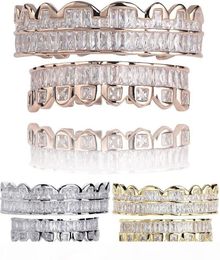 New Baguette Set Teeth Grillz Top Bottom Rose Gold Silver Color Grills Dental Mouth Hip Hop Fashion Jewelry Rapper Jewelry3938176