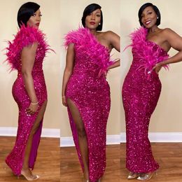 Fuchsia Plus Size Aso Ebi Prom Dresses Mermaid One Shoulder Feathered Evening Gowns Formal Dress Birthday Party Dress Engagement Dresses Second Reception AM406