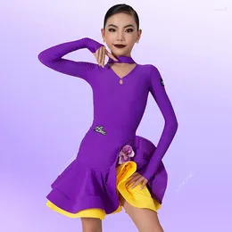 Stage Wear Models Girls Latin Dance Competition Dress Purple Long Sleeves Rumba Ballroom Costume Kids Cha Practise Clothing