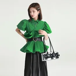 Women's Blouses Pleated Lotus Edge Splicing Short Sleeve Shirt Summer Three-dimensional Petal Corset Waist Bubble Slim Top