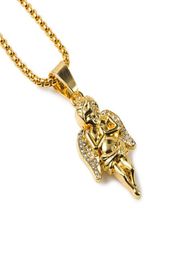 Men Hip Hop Fashion Jewellery Angel Pendant Necklace Full Rhinestone Design Friends Gifts Gold Colour Long Chain Jewellery Mens1902626