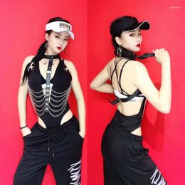 Stage Wear Kpop Group Dance Outfit Sexy Pole Clothing Girls Hip Hop Jazz Costume Black Bodysuit Chain Modern Clothes XS4513